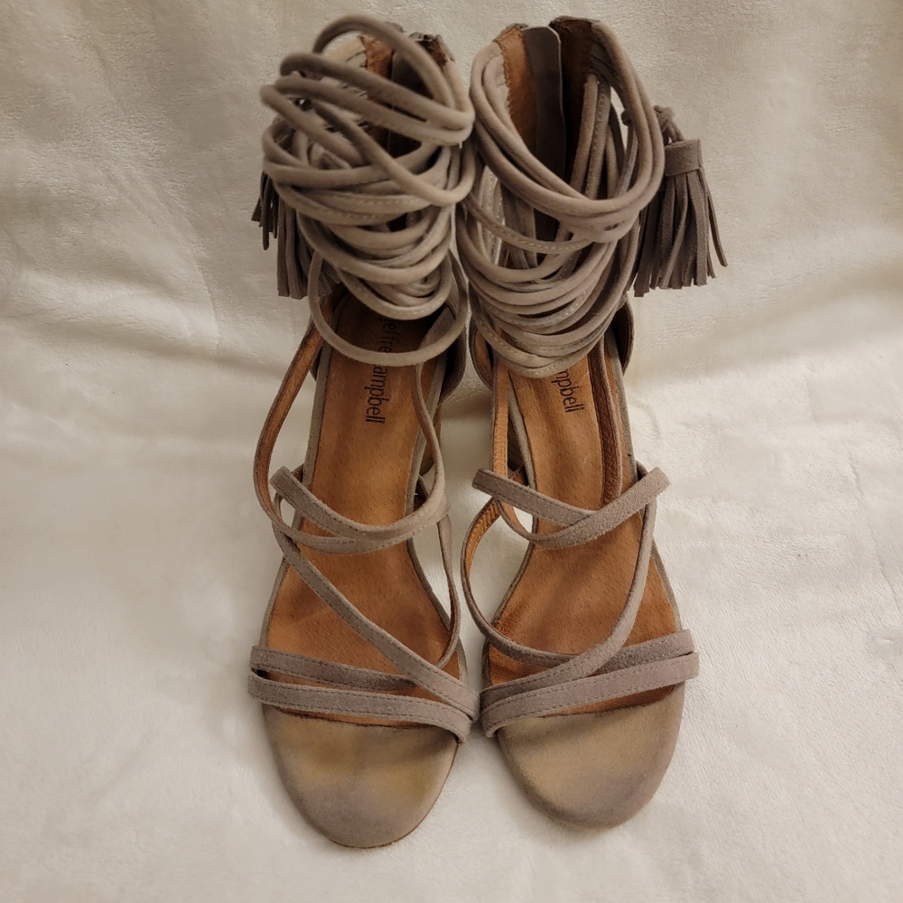 Jeffrey Campbell Taupe Suede Lace-Up Fringe Heels